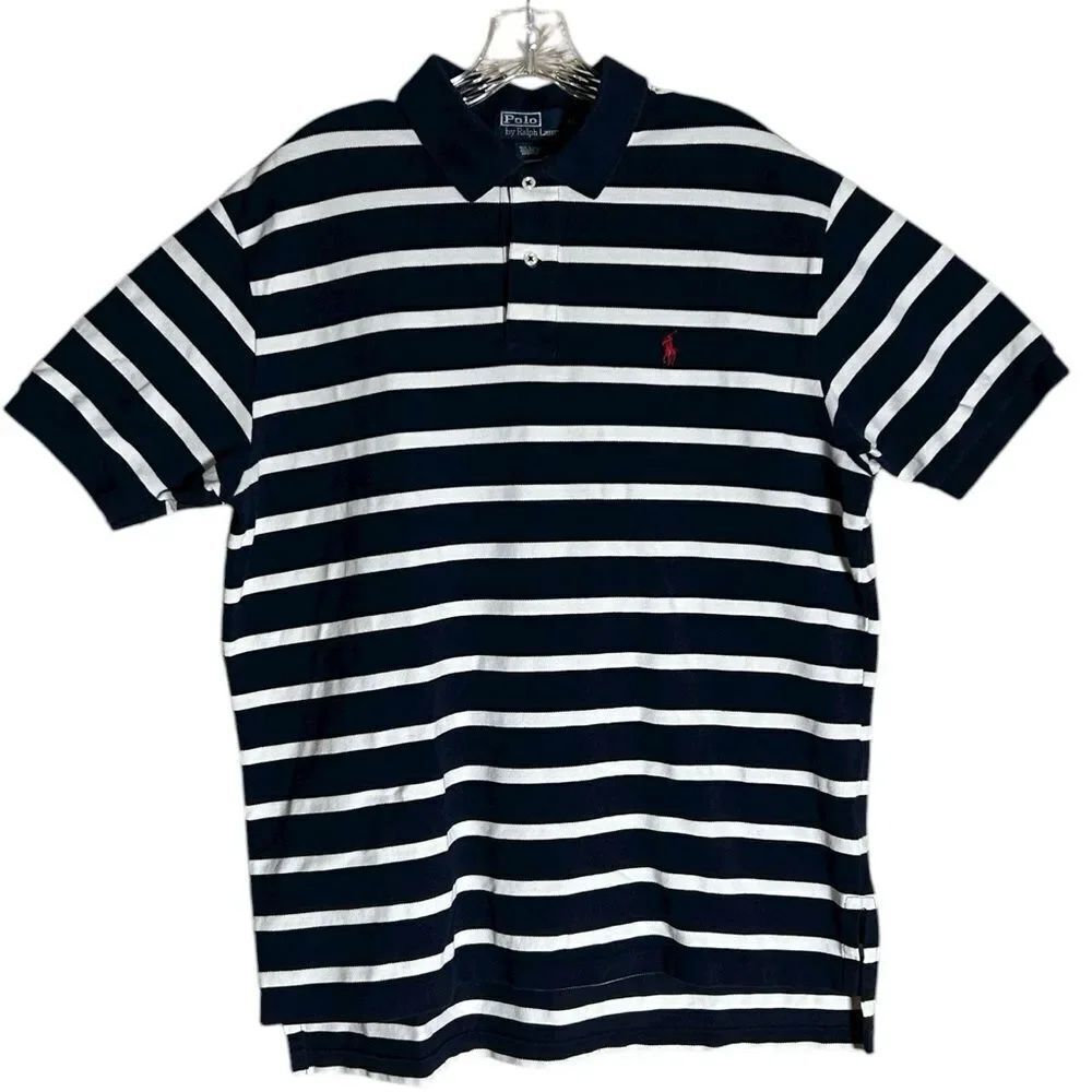 Ralph Lauren Mens Navy Blue and White Striped Polo Shirt